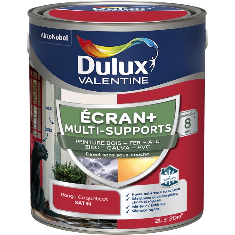Dulux Valentine - ecran+ multi-supports exterieure - Peinture en Phase Aqueuse Éxtérieur - Satin Rouge Coquelicot 2 l