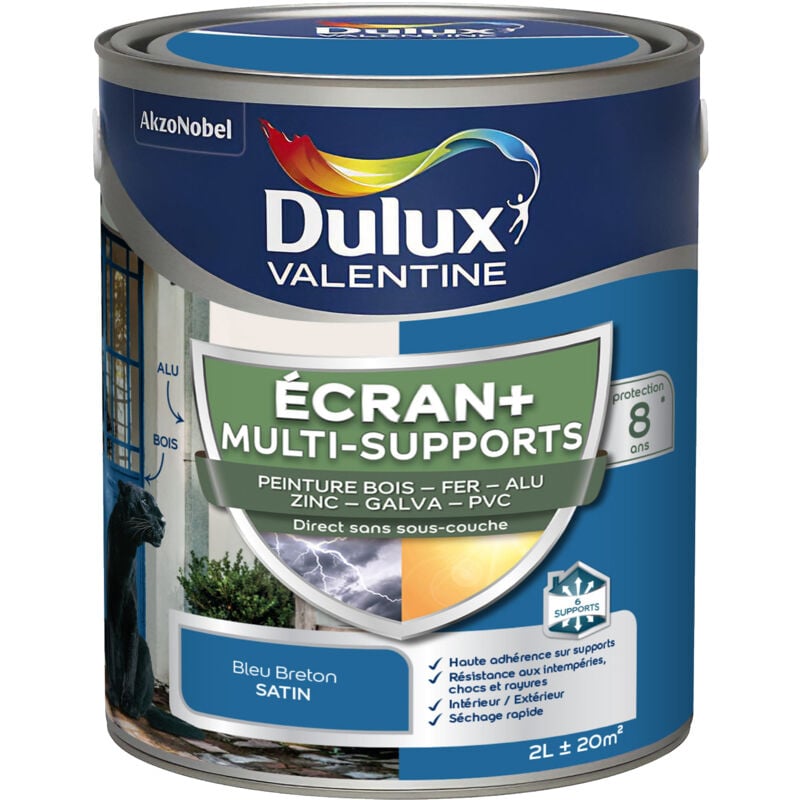Dulux Valentine - ecran+ multi-supports exterieure - Peinture en Phase Aqueuse Éxtérieur - Satin Bleu Breton 2 l