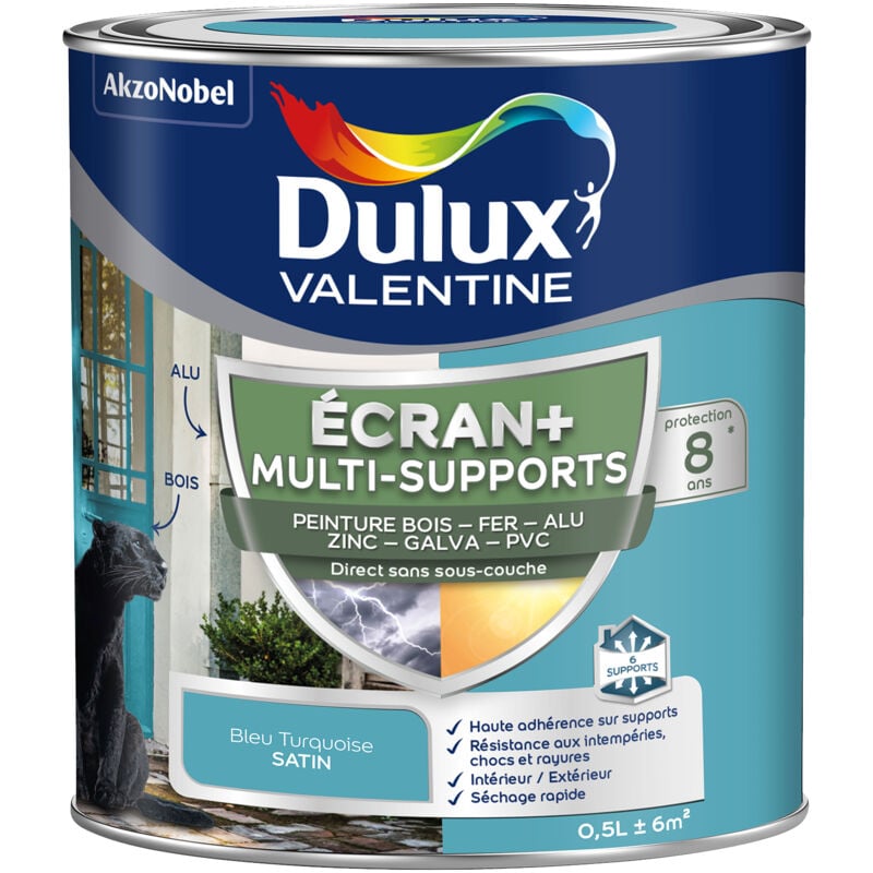 Dulux Valentine - ecran+ multi-supports exterieure - Peinture en Phase Aqueuse Éxtérieur - Satin Bleu Turquoise 0,5 l
