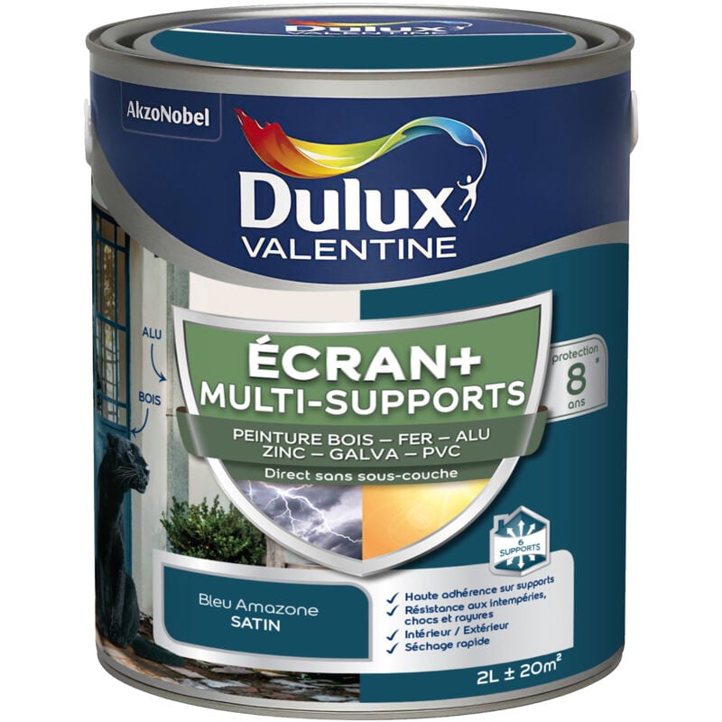 Dulux Valentine - ecran+ multi-supports exterieure - Peinture en Phase Aqueuse Éxtérieur - Satin Bleu Amazone 2 l