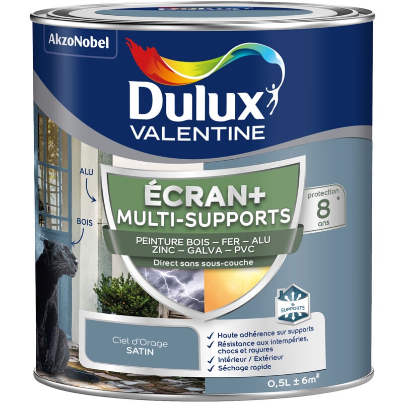 Dulux Valentine - ecran+ multi-supports exterieure - Peinture en Phase Aqueuse Éxtérieur - Satin Ciel d'Orage 0,5 l