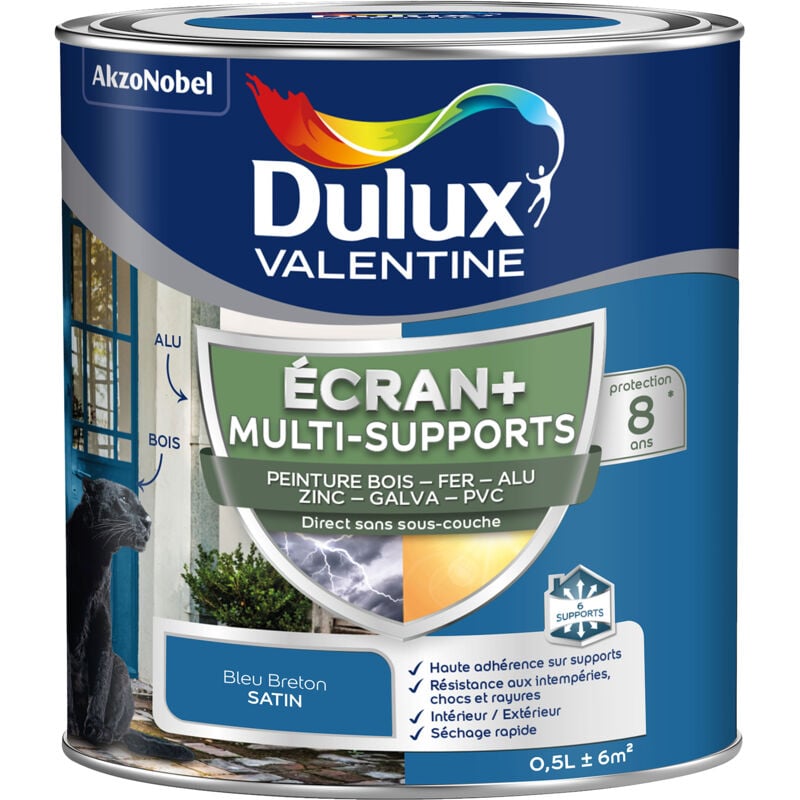 ECRAN+ MULTI-SUPPORTS EXTERIEURE - Peinture en Phase Aqueuse Éxtérieur - Satin Bleu Breton 0,5 L - Dulux Valentine
