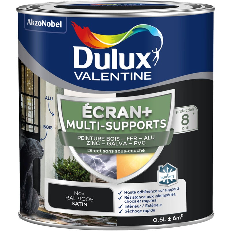 Dulux Valentine - ecran+ multi-supports exterieure - Peinture en Phase Aqueuse Éxtérieur - Satin Noir 0,5 l