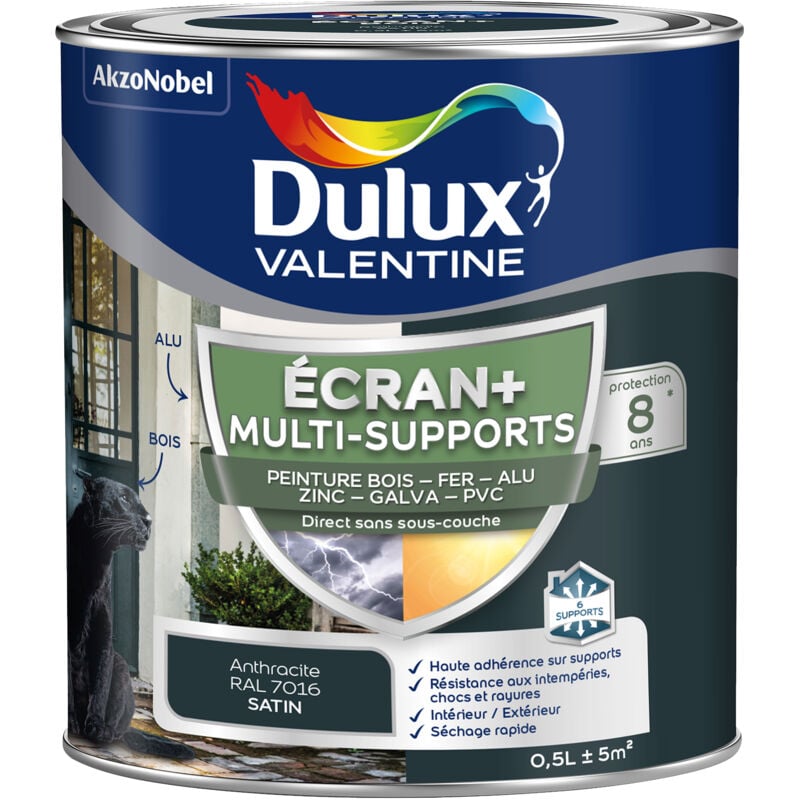 Dulux Valentine - ecran+ multi-supports exterieure - Peinture en Phase Aqueuse Éxtérieur - Satin Gris Anthracite 0,5 l
