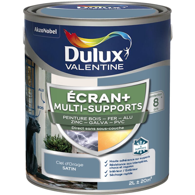 Dulux Valentine - ecran+ multi-supports exterieure - Peinture en Phase Aqueuse Éxtérieur - Satin Ciel d'Orage 2 l