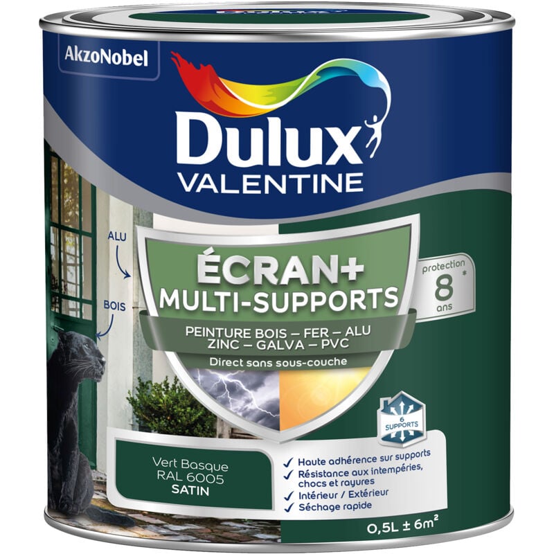 Dulux Valentine - ecran+ multi-supports exterieure - Peinture en Phase Aqueuse Éxtérieur - Satin Vert Basque 0,5 l