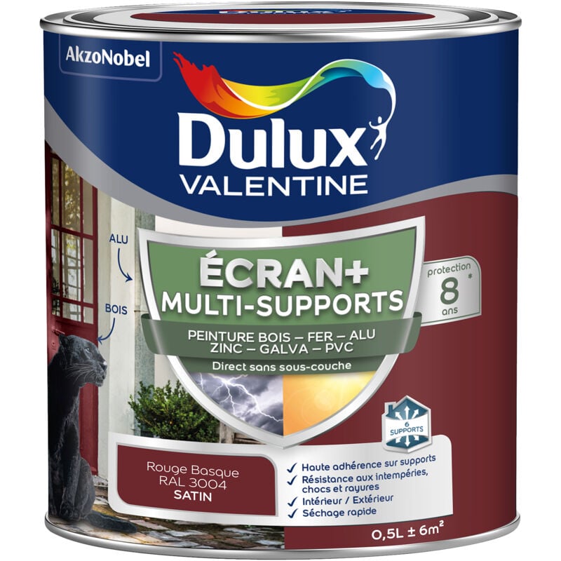 Dulux Valentine - ecran+ multi-supports exterieure - Peinture en Phase Aqueuse Éxtérieur - Satin Rouge Basque 0,5 l