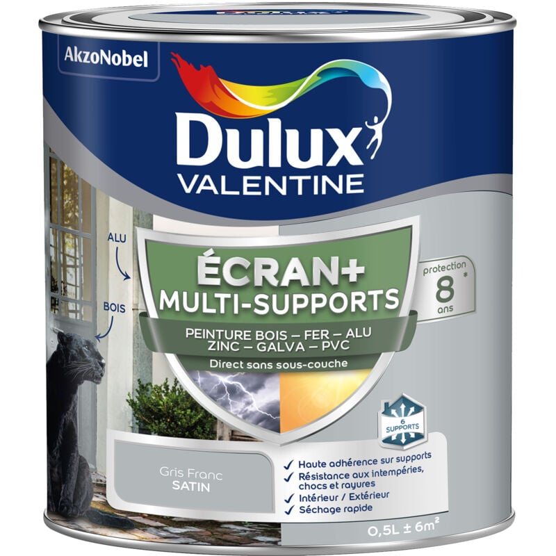 Dulux Valentine - ecran+ multi-supports exterieure - Peinture en Phase Aqueuse Éxtérieur - Satin Gris Franc 0,5 l