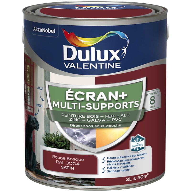 Dulux Valentine - ecran+ multi-supports exterieure - Peinture en Phase Aqueuse Éxtérieur - Satin Rouge Basque 2 l