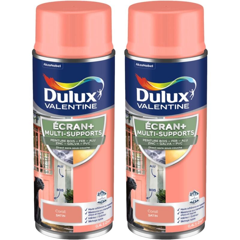 Dulux Valentine - ecran+ multi-supports exterieure Satin - Lot de 2 aérosols en phase aqueuse - Corail 400 ml