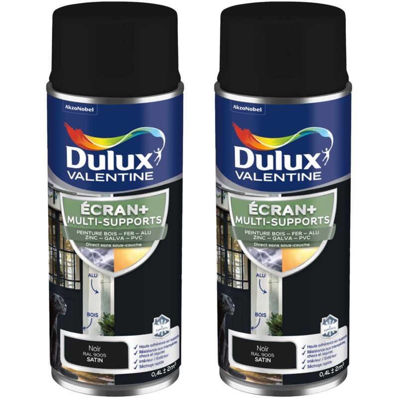 Dulux Valentine - ecran+ multi-supports exterieure Satin - Lot de 2 aérosols en phase aqueuse - Noir 400 ml