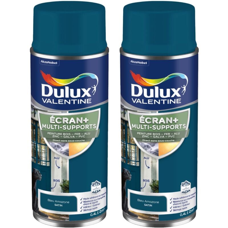 ECRAN+ MULTI-SUPPORTS EXTERIEURE Satin - Lot de 2 aérosols en phase aqueuse - Bleu Amazone 400 ml - Dulux Valentine