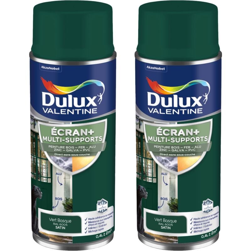 ECRAN+ MULTI-SUPPORTS EXTERIEURE Satin - Lot de 2 aérosols en phase aqueuse - Vert Basque 400 ml - Dulux Valentine
