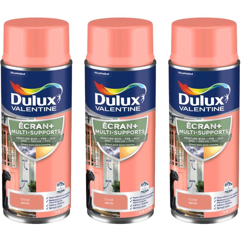 Dulux Valentine - ecran+ multi-supports exterieure Satin - Lot de 3 aérosols en phase aqueuse - Corail 400 ml