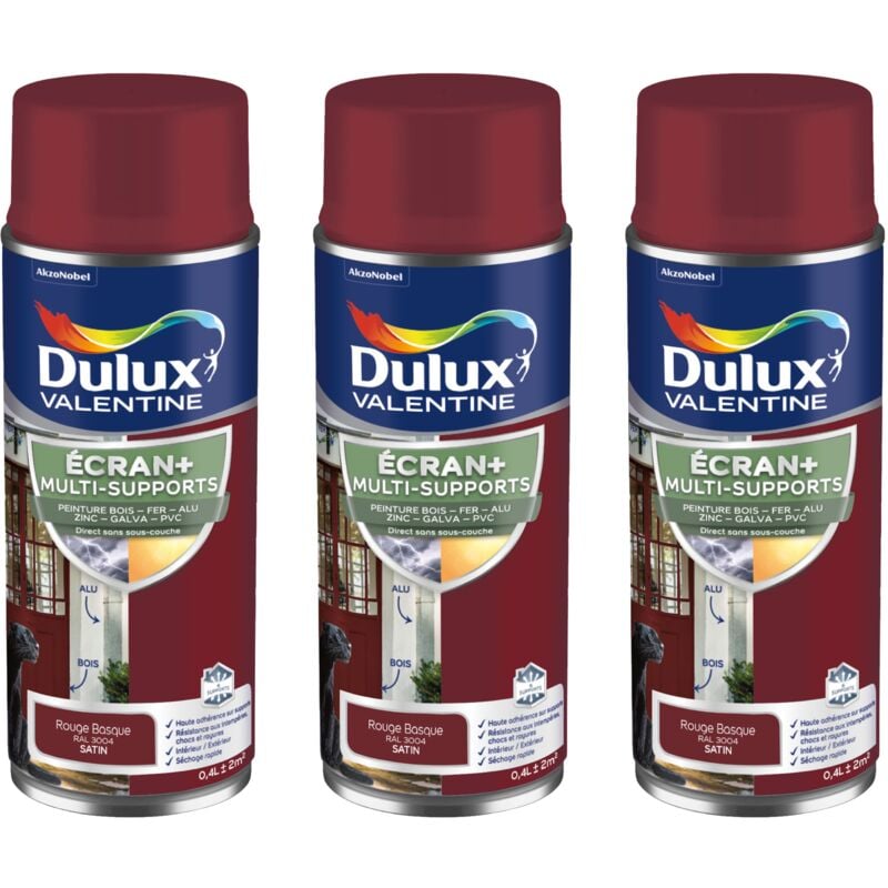 Dulux Valentine - ecran+ multi-supports exterieure Satin - Lot de 3 aérosols en phase aqueuse - Rouge Basque 400 ml