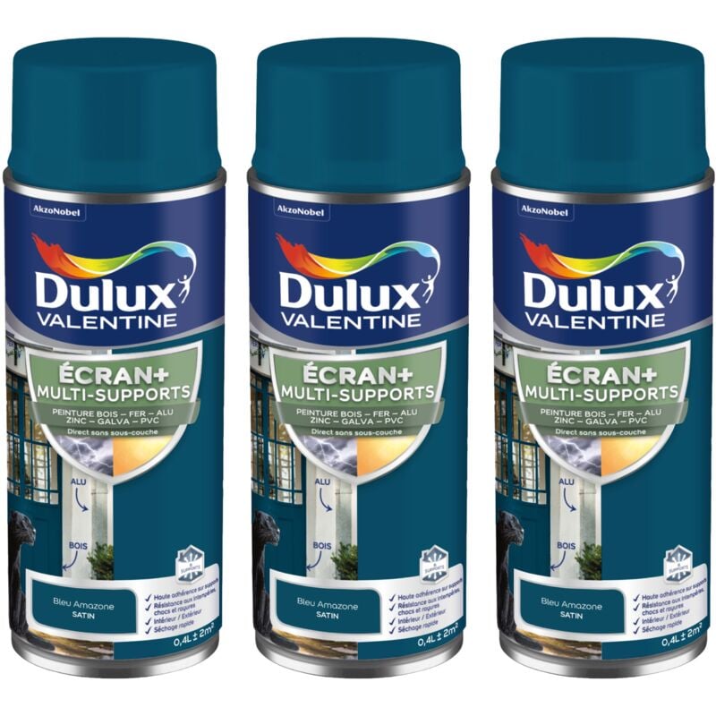 Dulux Valentine - ecran+ multi-supports exterieure Satin - Lot de 3 aérosols en phase aqueuse - Bleu Amazone 400 ml