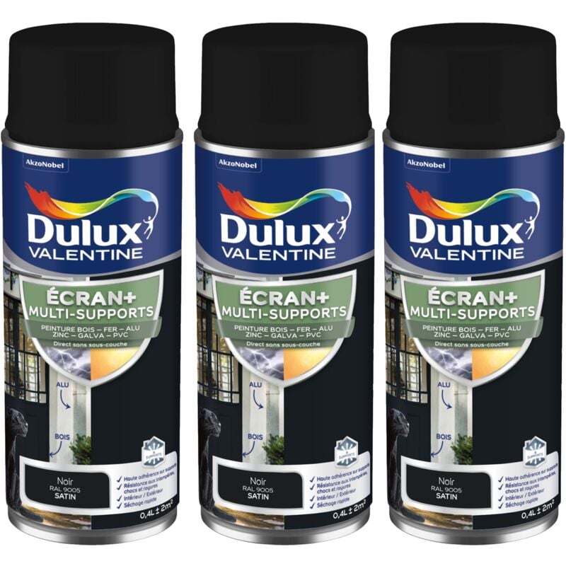 Dulux Valentine - ecran+ multi-supports exterieure Satin - Lot de 3 aérosols en phase aqueuse - Noir 400 ml