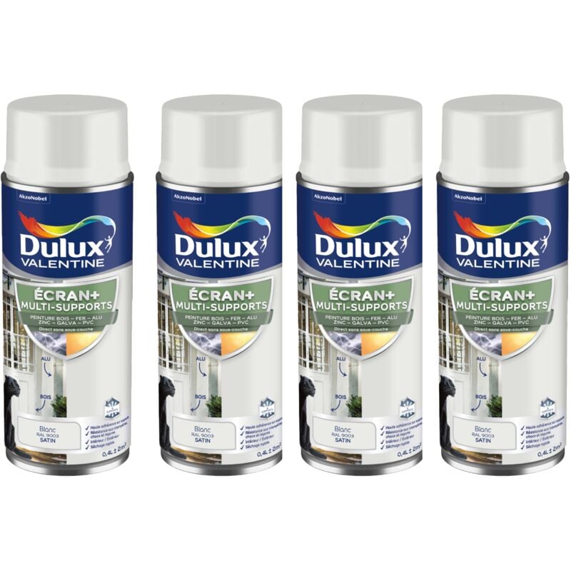 Dulux Valentine - ecran+ multi-supports exterieure Satin - Lot de 4 aérosols en phase aqueuse - Blanc 400 ml