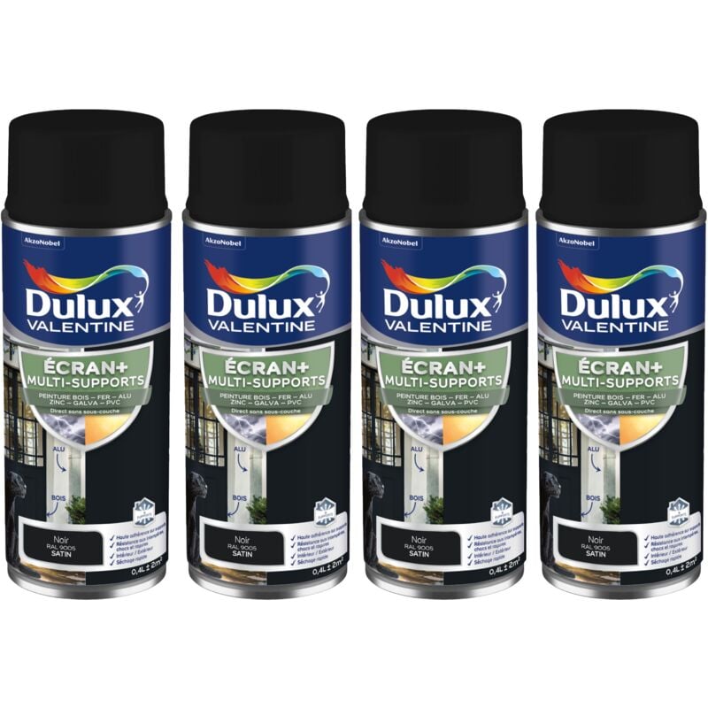 Dulux Valentine - ecran+ multi-supports exterieure Satin - Lot de 4 aérosols en phase aqueuse - Noir 400 ml