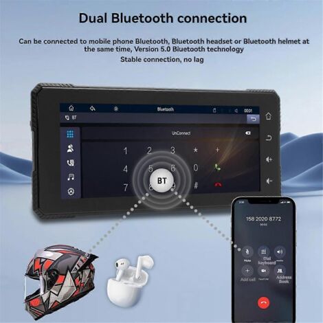 Écran portable Bluetooth 6,86 pouces pour moto avec navigation GPS, noir