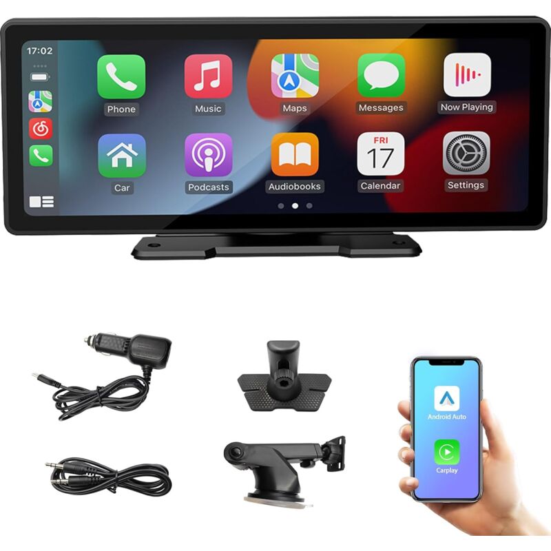 Écran Portable de Voiture 10,3'' HD IPS avec Android Auto et Apple CarPlay sans Fil, Émetteur FM Bluetooth, Compatible 7V-32V pour Camions et