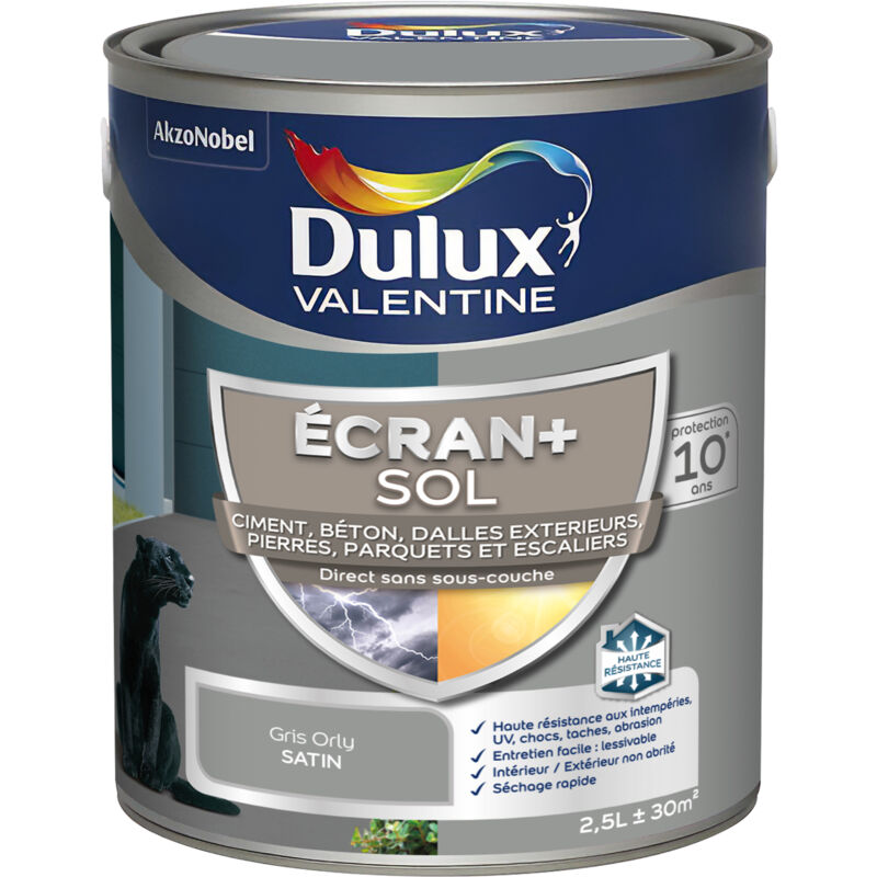 Ecran+ Sol - Peinture solvantée pour sols Intérieur et Extérieur - Ciment, béton, dalles, parquets et escaliers - Satin Gris Orly 2,5 l Dulux