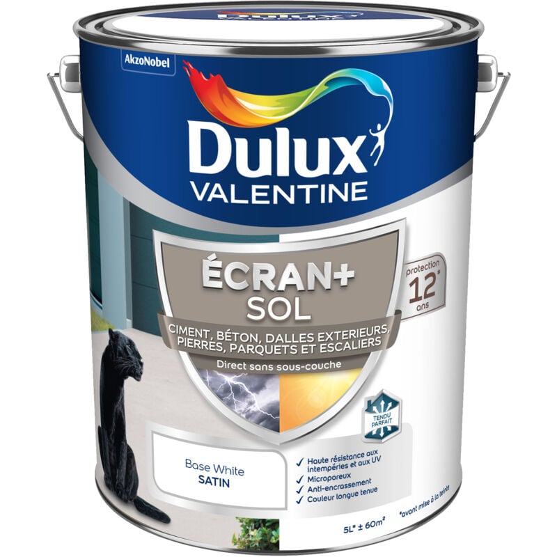 Ecran+ Sol - Peinture solvantée pour sols Intérieur et Extérieur - Ciment, béton, dalles, parquets et escaliers - Satin Blanc 5 l Dulux Valentine