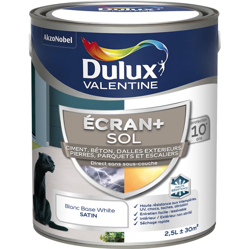 Ecran+ Sol - Peinture solvantée pour sols Intérieur et Extérieur - Ciment, béton, dalles, parquets et escaliers - Satin Blanc 2,5 l Dulux Valentine