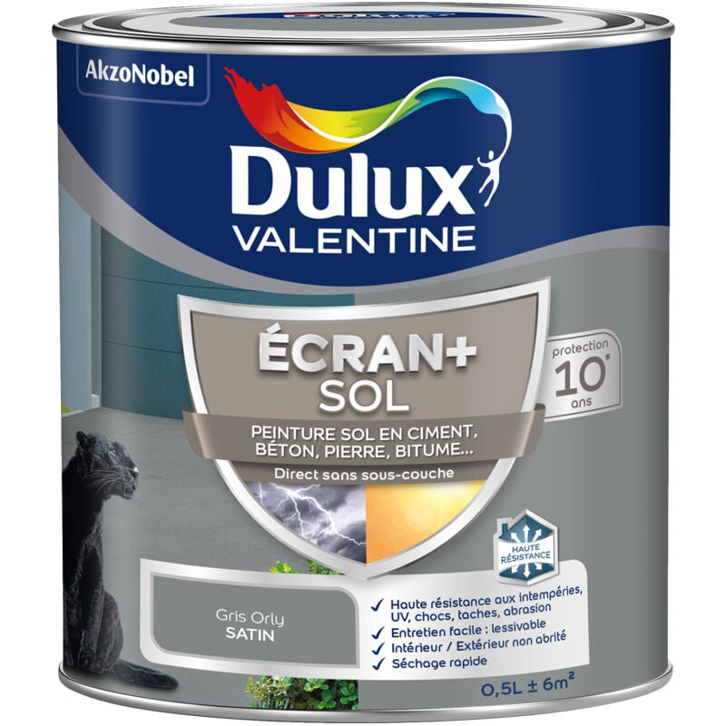 Ecran+ Sol - Peinture solvantée pour sols Intérieur et Extérieur - Ciment, béton, dalles, parquets et escaliers - Satin Gris Orly 0,5 l Dulux