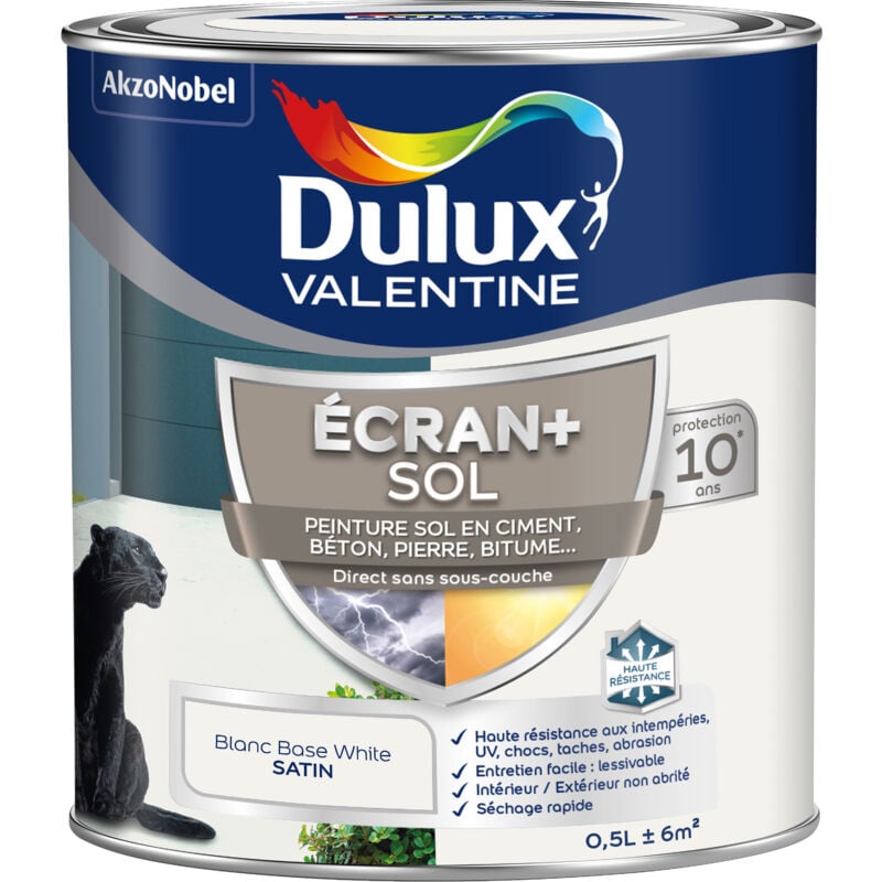 Ecran+ Sol - Peinture solvantée pour sols Intérieur et Extérieur - Ciment, béton, dalles, parquets et escaliers - Satin Blanc 0,5 l Dulux Valentine