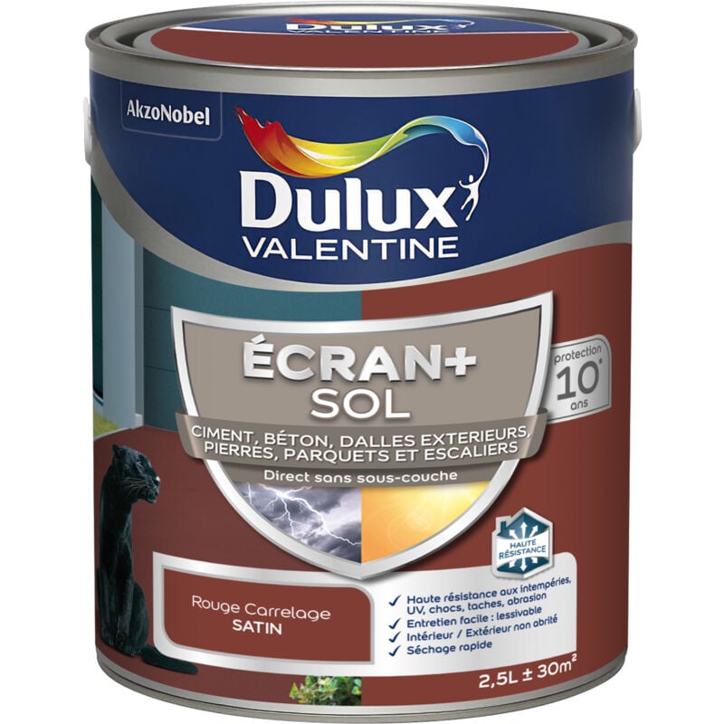 Ecran+ Sol - Peinture solvantée pour sols Intérieur et Extérieur - Ciment, béton, dalles, parquets et escaliers - Satin Rouge Carrelage 2,5 l Dulux