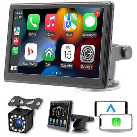 Écran tactile sans fil portable CarPlay pour tableau de bord, autoradio Bluetooth 7 pouces avec Bluetooth, radio FM, caméra de recul et port USB.