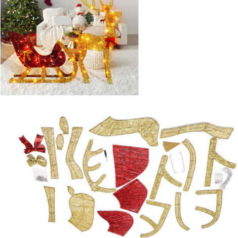 Écrin de Noël Éclairé - Cerf et Traîneau avec Lumière - Décorations extérieures et intérieures pour Jardin, Porche - Ornements dorés scintillants en métal (avec ficelle lumineuse incandescente)