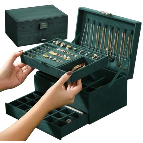 Écrin de voyage 3 niveaux en flanelle avec serrure, boîte organisatrice pour bijoux, colliers et bagues