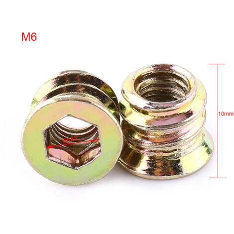 Écrou à Insert Bois en Acier au Carbone Zingué, à Entraînement Hexagonal pour Meubles (M6x10mm)