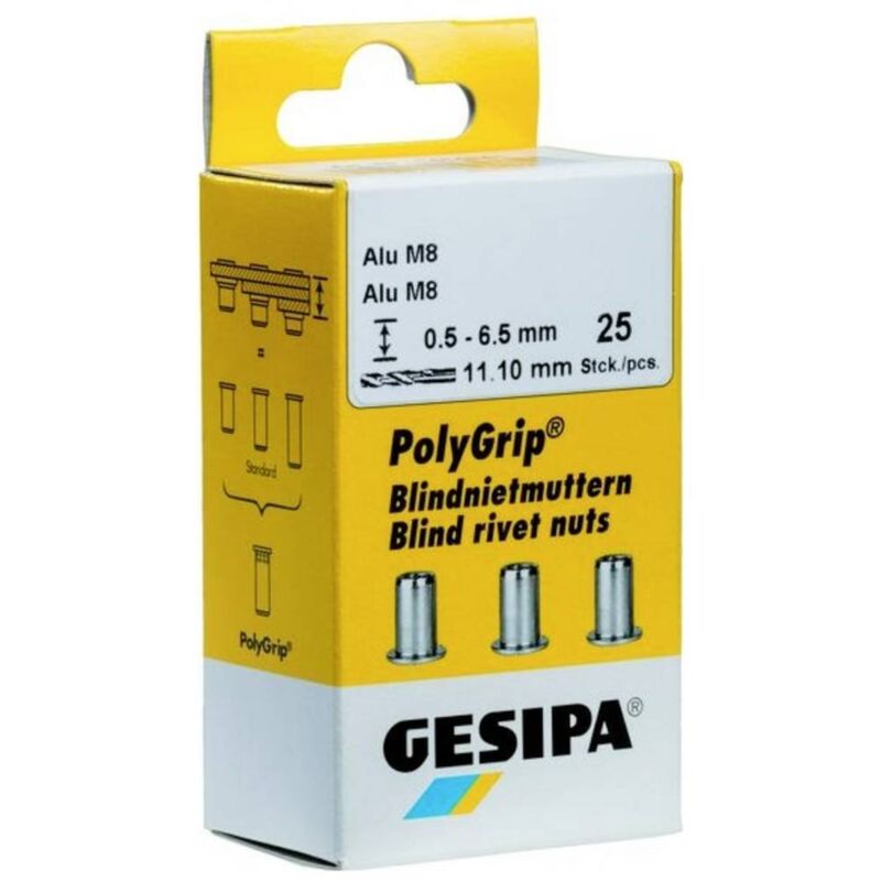 1464838 poly grip A2 ecrou à sertir en acier inoxydable, argent, M6 x 9 x 18 mm, set de 25 pièces - Gesipa