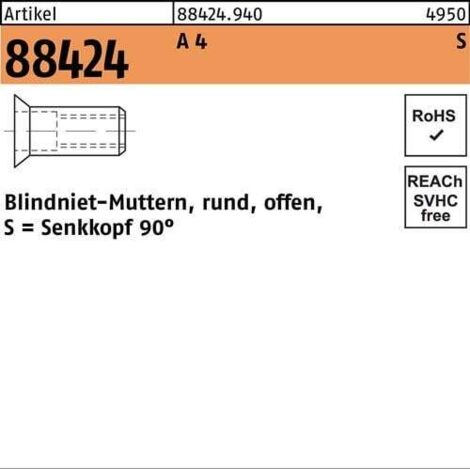 Écrou à sertir en aveugle R 88424 SEKO M8/4,0 - 6,0 A 4 100 pièces
