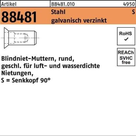 Écrou à sertir en aveugle R 88481 SEKO M8 /4,5 -6,0 acier galv. 250 pièces