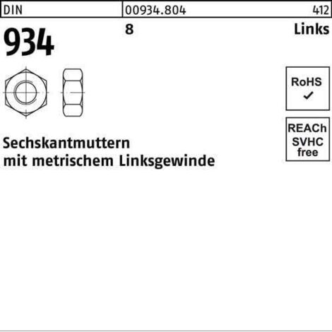 Ecrou hexagonal DIN 934 gauche M6 -LH 8 100 pièces