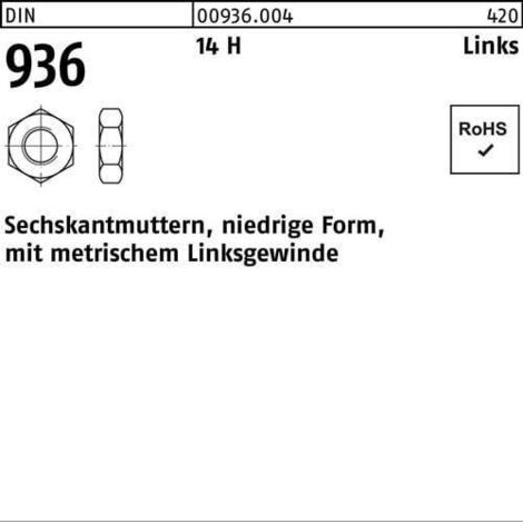 Ecrou hexagonal DIN 936 gauche M16 -LH 14 H 50 pièces