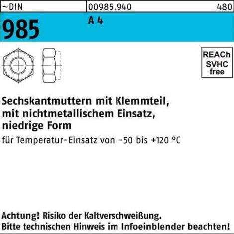 Écrou hexagonal DIN 985 Pièce de serrage M10 A 4 50 pièces