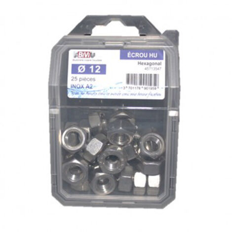 Écrou hexagonal HU DIN 934 Inox A2 Coque de 25 pièces - Diamètre 10 mm - BIVI