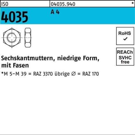 Écrou hexagonal ISO 4035 bas chanfrein M5 A 4 100 pièces