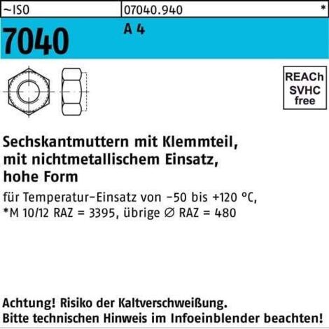 Écrou hexagonal ISO 7040 Pièce de serrage M12 A 4 50 pièces