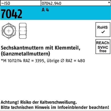 Écrou hexagonal ISO 7042 Pièce de serrage M4 A 4 100 pièces