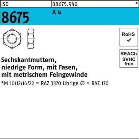 Ecrou hexagonal ISO 8675 chanfreiné M12x 1,5 A 4 50 pièces