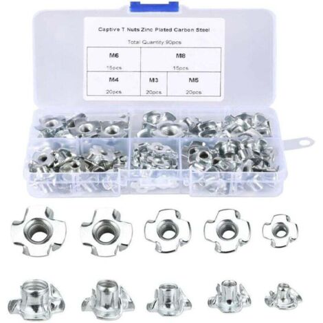 Écrous à Griffes 90Pcs Ecrous en T Bois M3/M4/M5/M6/M8 Ecrous pour Travail du Bois Meubles