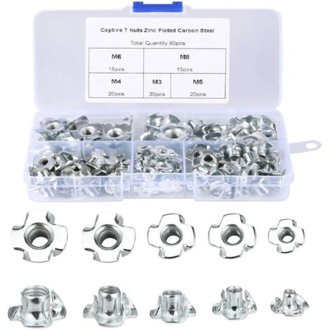 Écrous à Griffes 90Pcs Ecrous en T Bois M3/M4/M5/M6/M8 Ecrous pour Travail du Bois Meubles