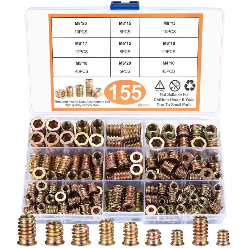Écrous à visser pour bois, 155 pièces, écrous à insert fileté, écrous à six pans creux M4 M5 M6 M8, manchons à visser, assortiment de manchons à