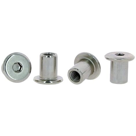 Écrous douille tête plate 6 pans creux en acier nickelé - M6, boîte de 100 pièces